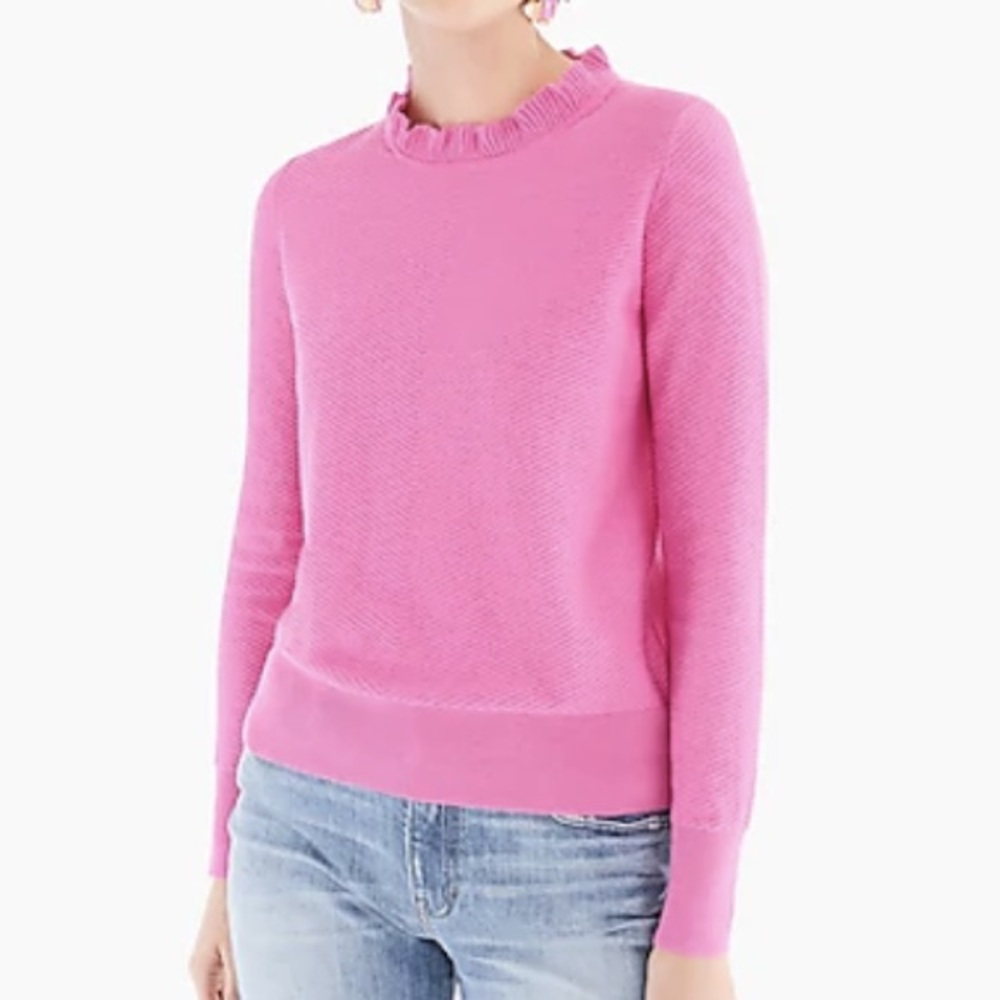 J Crew Hot Pink Ruffle Neck Preppy Sweater